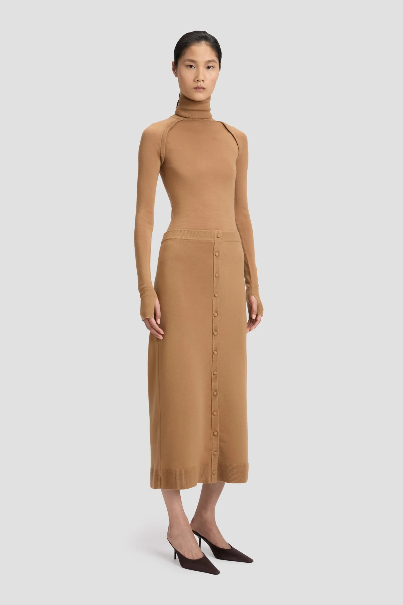 Button Midi Skirt In Camel - Image 3