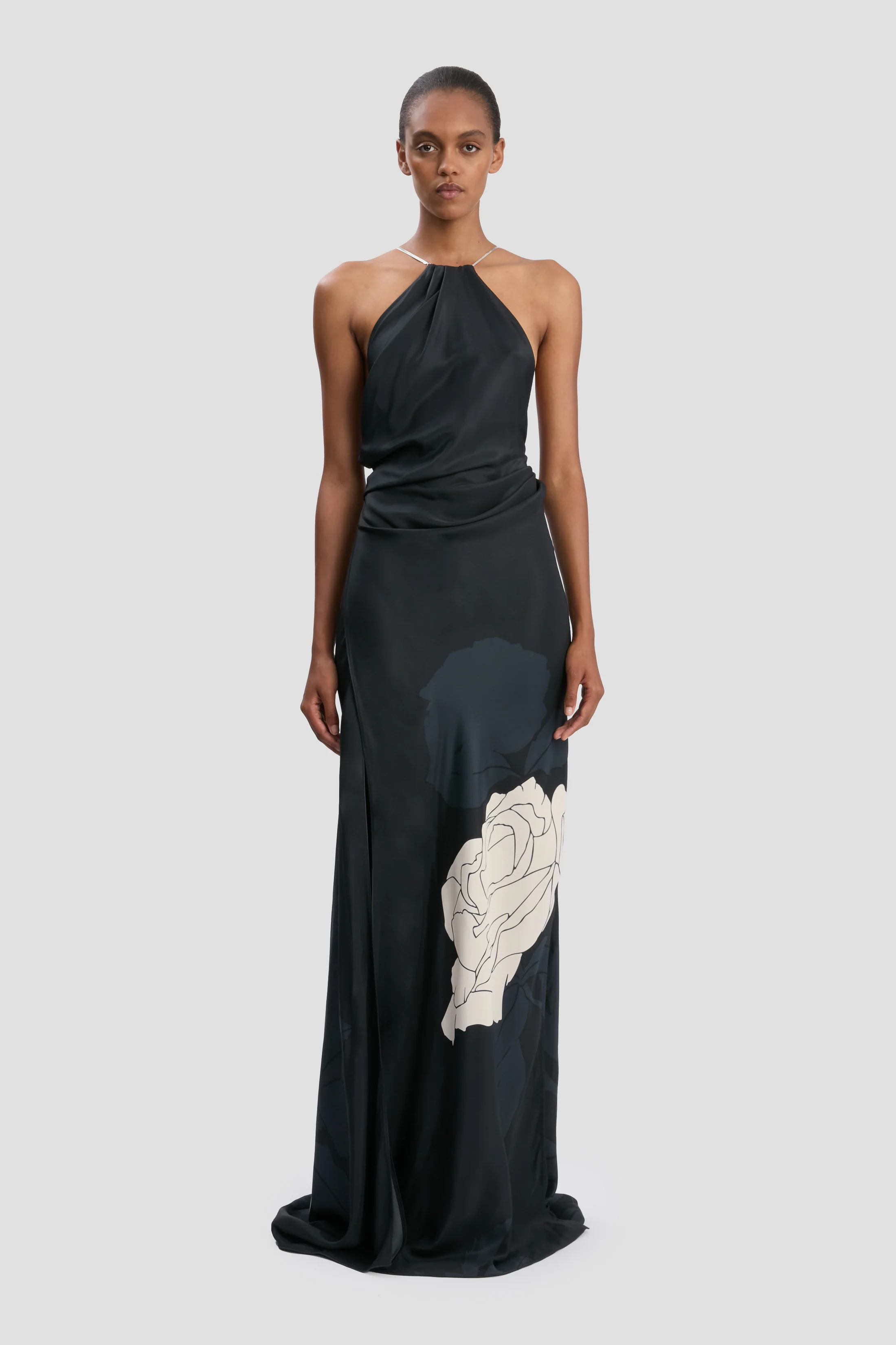 Chain Halter Gown In Dark Navy Floral Print