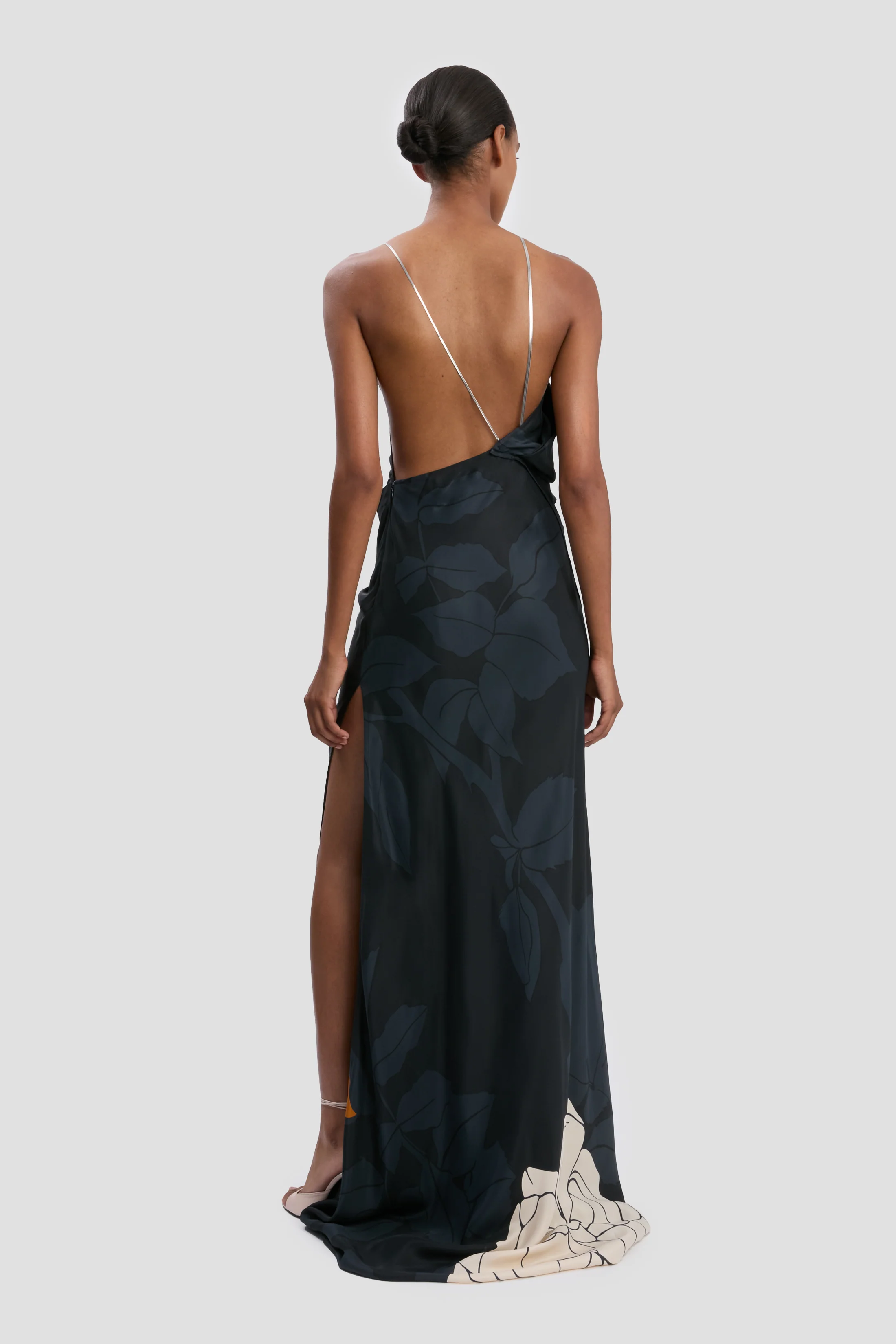 Chain Halter Gown In Dark Navy Floral Print - Image 4