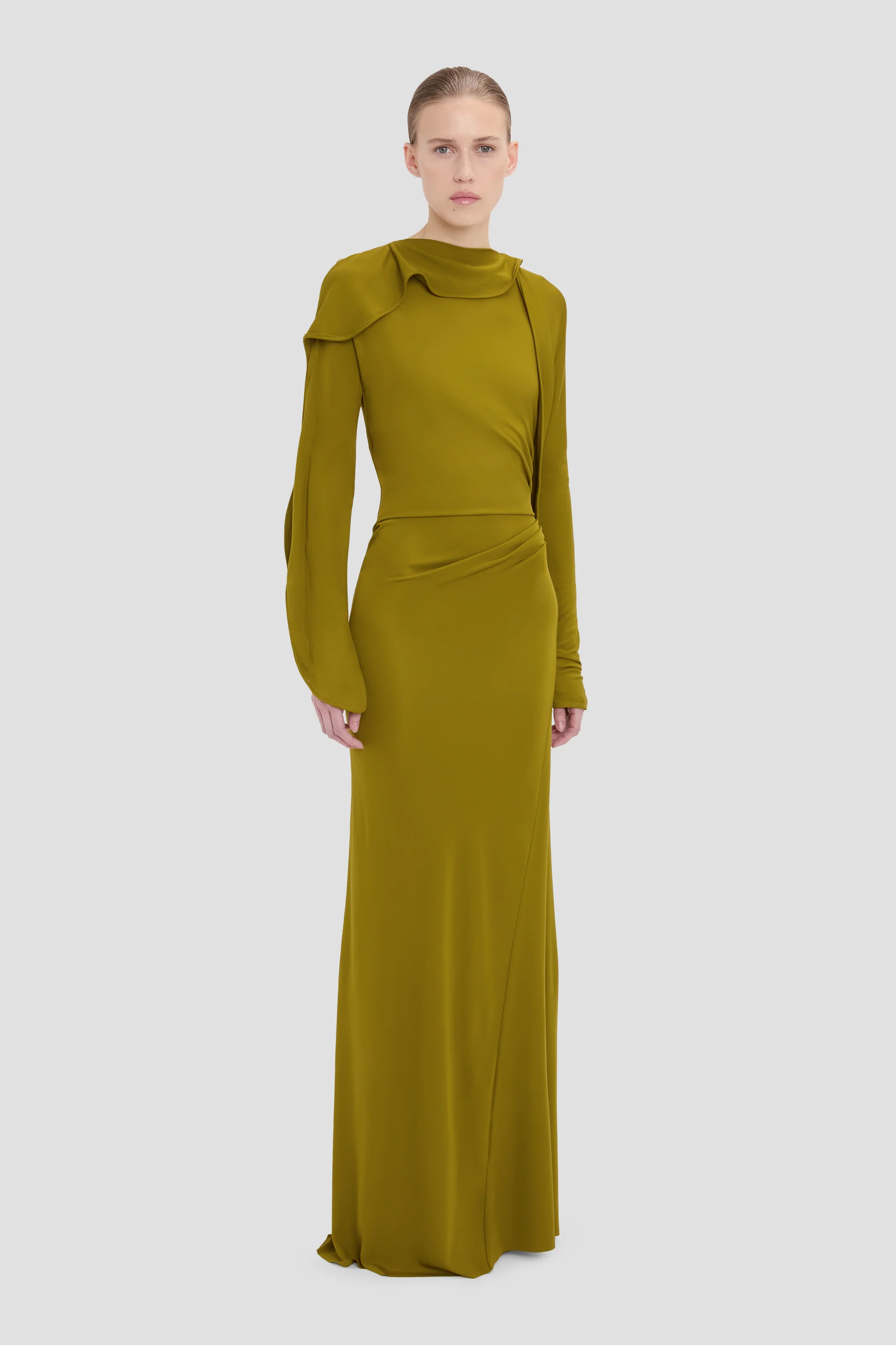 Closed Neck Draped Gown In Moss - Image 2